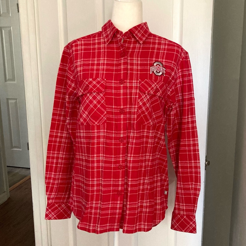 NWOT Antigua Ohio State Red White Plaid Long Sleeve High-Low Button Up Shirt